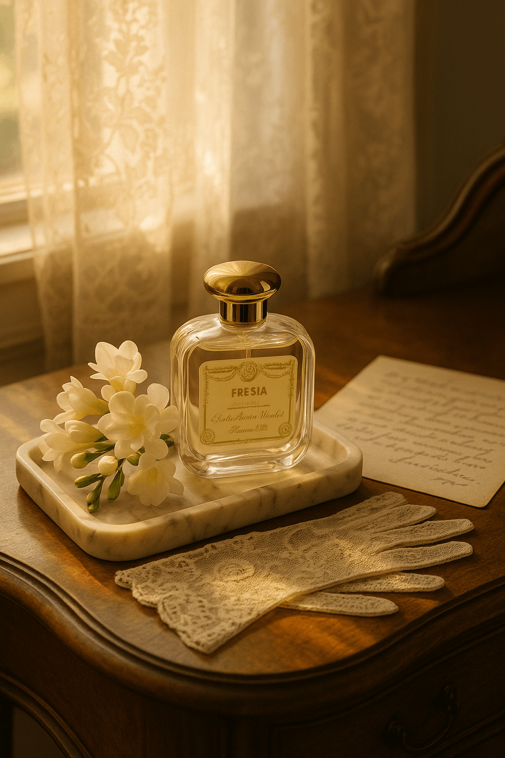 부드러운 햇살이 레이스 커튼을 통해 들어오는 이탈리아 빈티지 화장대 위에 산타 마리아 노벨라 프리지아 향수 병이 대리석 트레이 위에 놓여 있고, 주위에는 순백의 프리지아 꽃, 아이보리 레이스 장갑, 손글씨 편지가 함께 배치되어 고전적이고 우아한 분위기를 자아냄