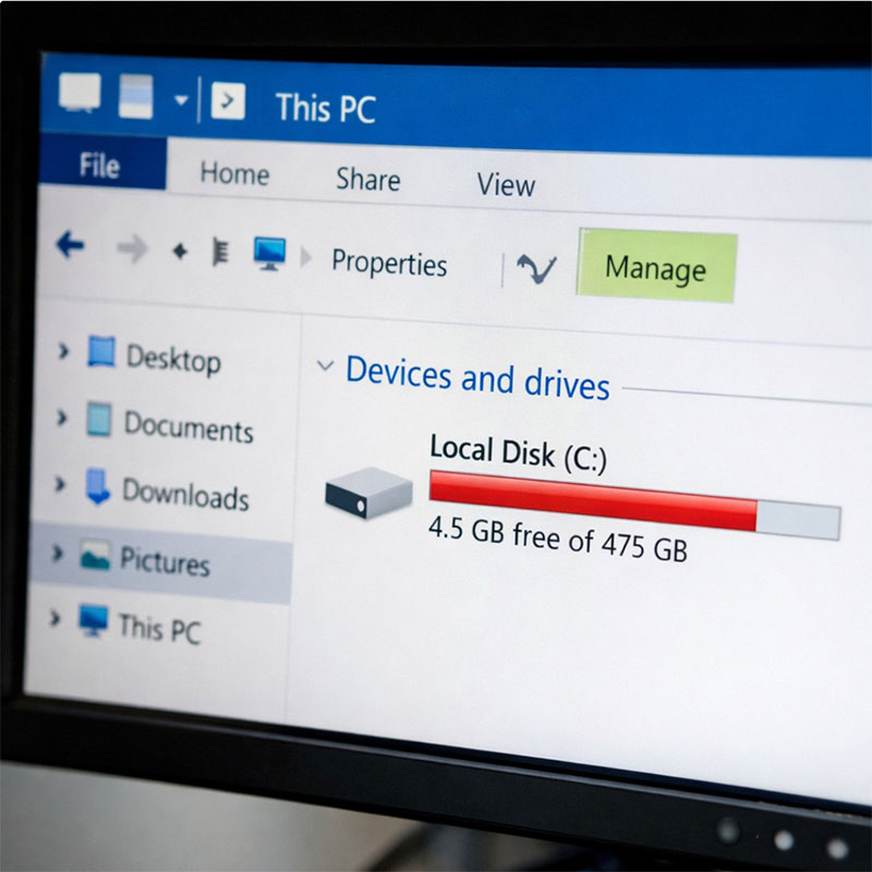 컴퓨터 화면에서 C드라이브 저장공간이 거의 가득 찬 상태를 확인하는 장면