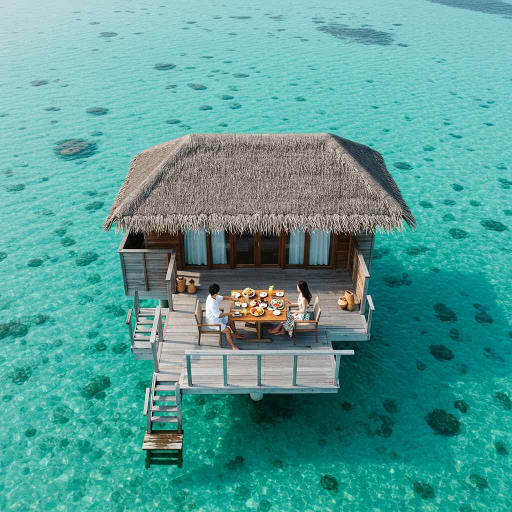 투명한 바다 위 수상빌라에서 테라스 조식을 즐기는 커플 9월 동남아 커플 여행