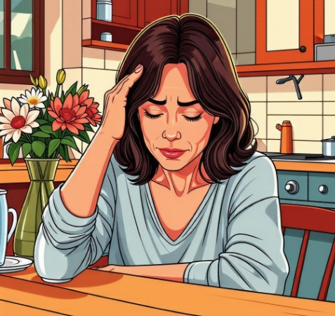 한 여성이 머리가 아픈 듯 머리에 손을 대고 있는 모습입니다.