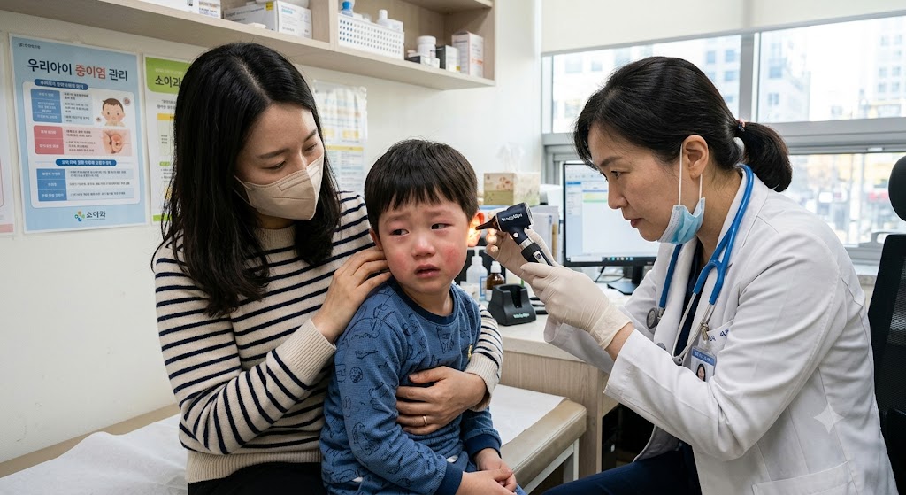 엄마 품에 안긴 아이가 이비인후과 진료로 귀를 보여주고 있는 이미지