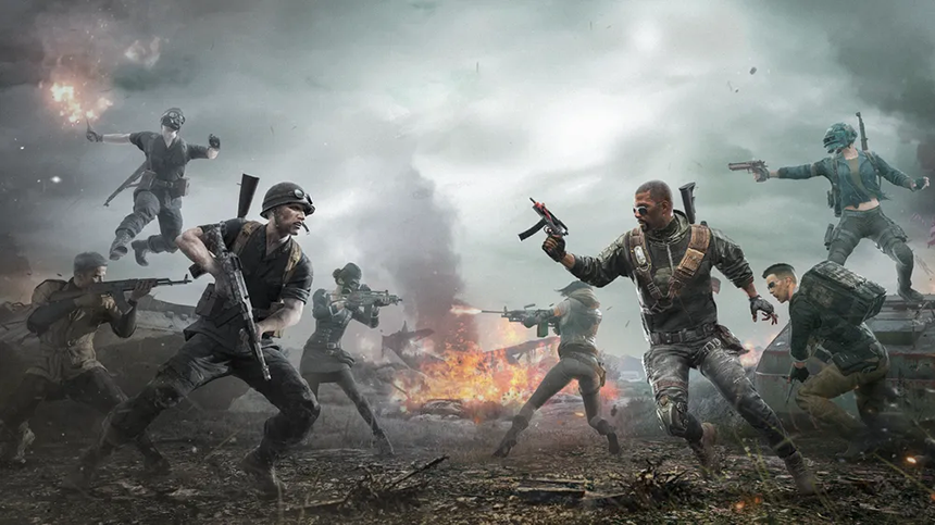 배틀그라운드 캐릭터가 M416 소총을 들고 있는 전투 장면