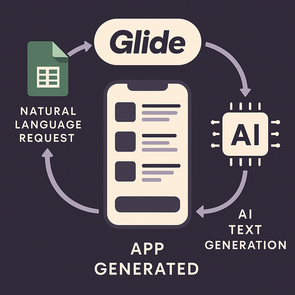 Glide, Google Sheets, AI 텍스트 생성 과정을 연결하여 앱이 생성되는 흐름을 시각화한 퍼플톤의 플랫 스타일 인포그래픽