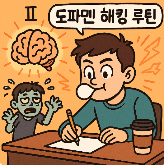 도파민 해킹 루틴 썸네일로 풍선을 불고 종이에 글을쓰며 무언가에 집중하고 있는 사람의 그림