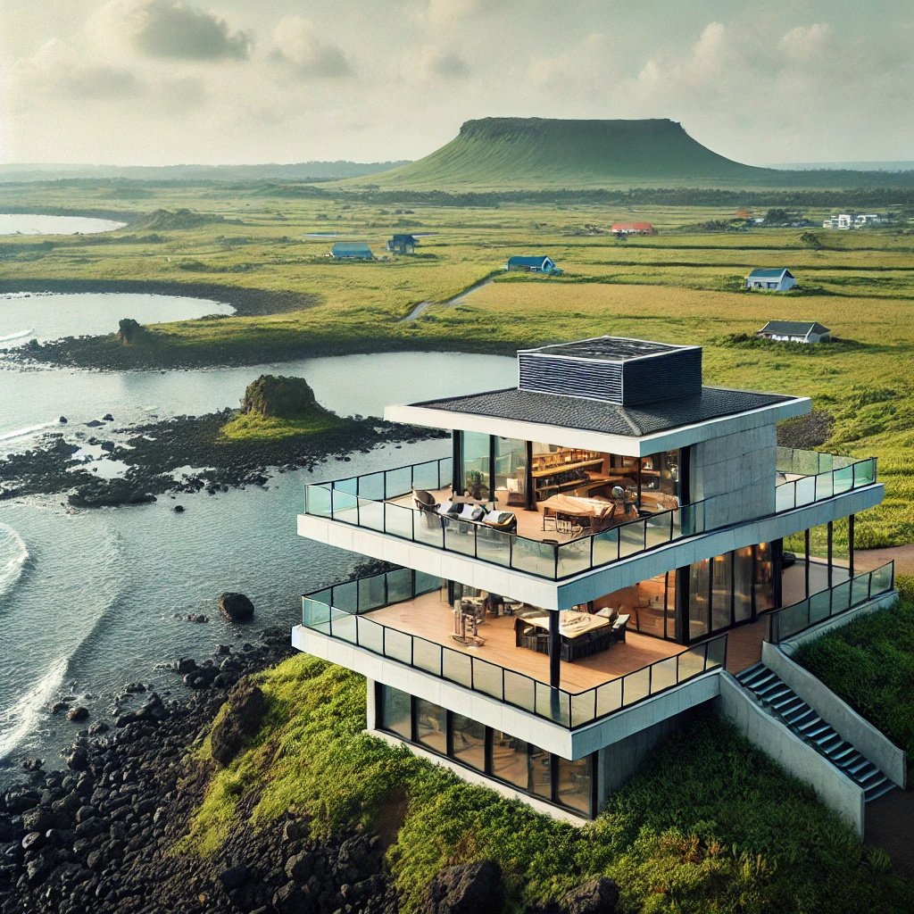 넓은 유리창으로 자연을 감상할 수 있는 제주도 미니멀리스트 펜션.