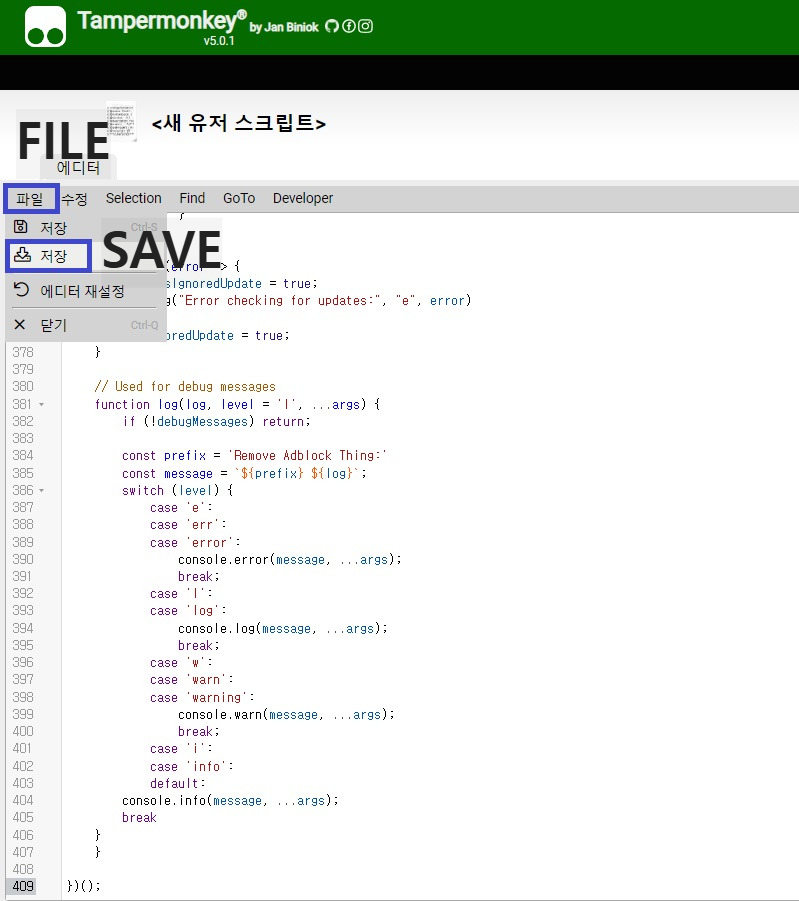 Pasting the copied JavaScript code into the Tampermonkey text editor and saving the file.