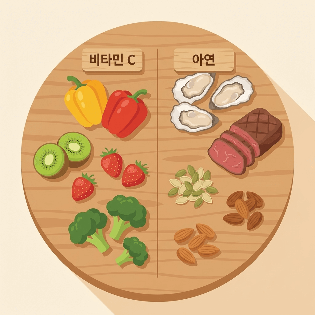 비타민C와 아연이 풍부한 식품 구성 일러스트
