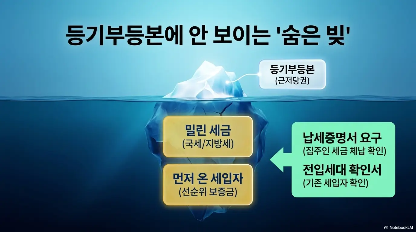 전세 계약시 유의사항: 빙산 이미지를 활용하여 등기부등본에 안 보이는 숨은 빚으로 밀린 세금과 먼저 온 세입자의 선순위 보증금이 있을 수 있으며 이를 확인하기 위해 납세증명서와 전입세대 확인서를 요구해야 한다는 내용을 시각화한 이미지 