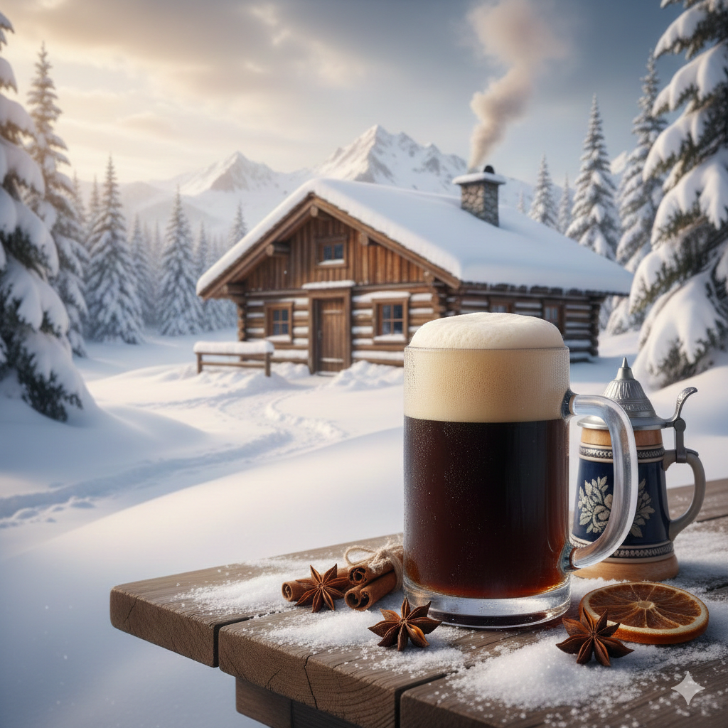 눈이 쌓인 겨울산장 앞 시트러스한 맥주