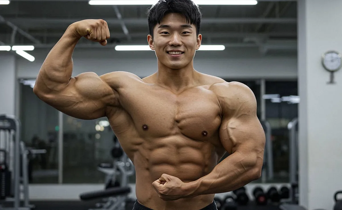 헬스장에서 이두근 포징을 하며 웃고 있는 남성 보디빌더