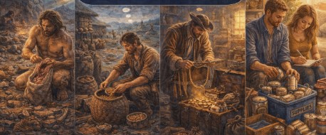 사람들이 당장 쓰지 않더라도 나중을 대비해 물건과 자원을 남겨두기 시작한 인간 행동의 변화를 표현한 사진입니다.