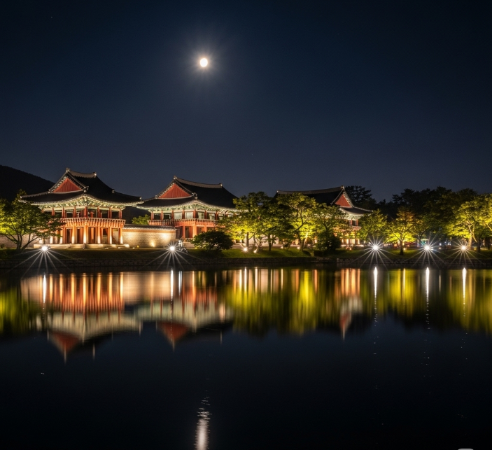 밤이 되어 조명이 켜진 경주 동궁과 월지(안압지)의 모습. 연못에 비친 건물들의 불빛이 황홀한 분위기를 연출하고 있다