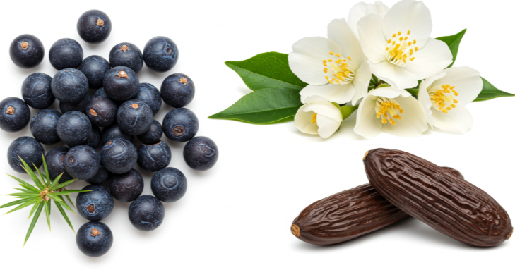 주니퍼 베리와 재스민 꽃, 톤카 빈이 함께 놓인 사진