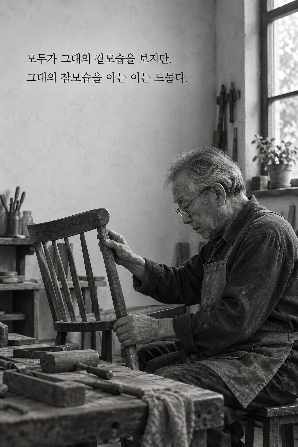 모두가 그대의 겉모습을 보지만, 그대의 참모습을 아는 이는 드물다. 문구가 담긴 세로형 이미지
