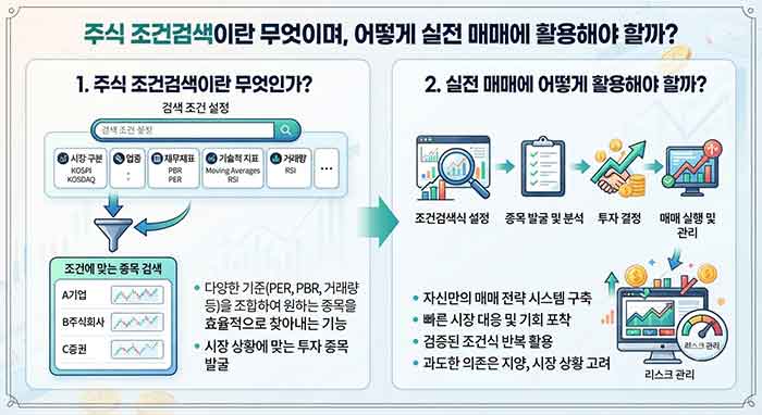 주식 조건검색의 정의와 실전 매매 활용법을 정리한 인포그래픽 이미지.