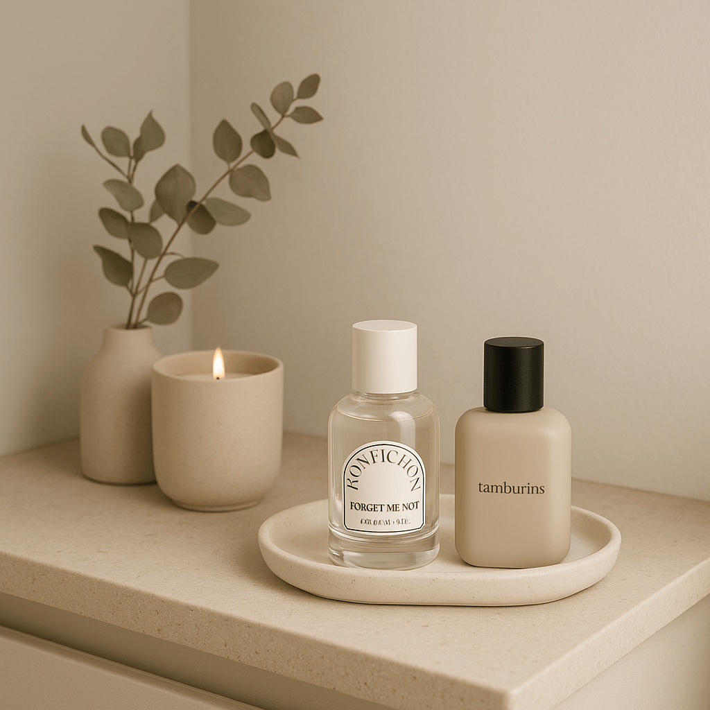 minimalist lifestyle shot with Nonfiction and Tamburins genderless perfumes on a beige stone vanity, ceramic tray, scented candle, and dried eucalyptus leaves under soft natural light