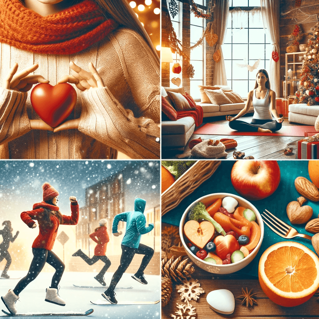 따뜻한 옷을 입은 사람, 실내 운동을 하는 모습, 건강한 식사를 하는 장면