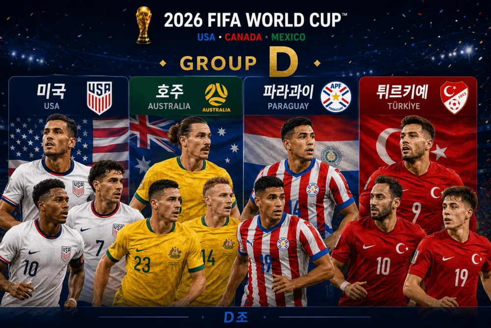 2026 FIFA 월드컵 D조에 속한 미국, 호주, 파라과이, 튀르키예 국가대표팀 주요 선수들과 조별리그 대진 안내 그래픽