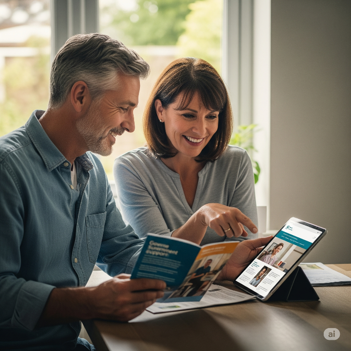 정부 지원 제도를 함께 알아보는 50대 부부, 든든한 지원을 바탕으로 한 새로운 시작 준비