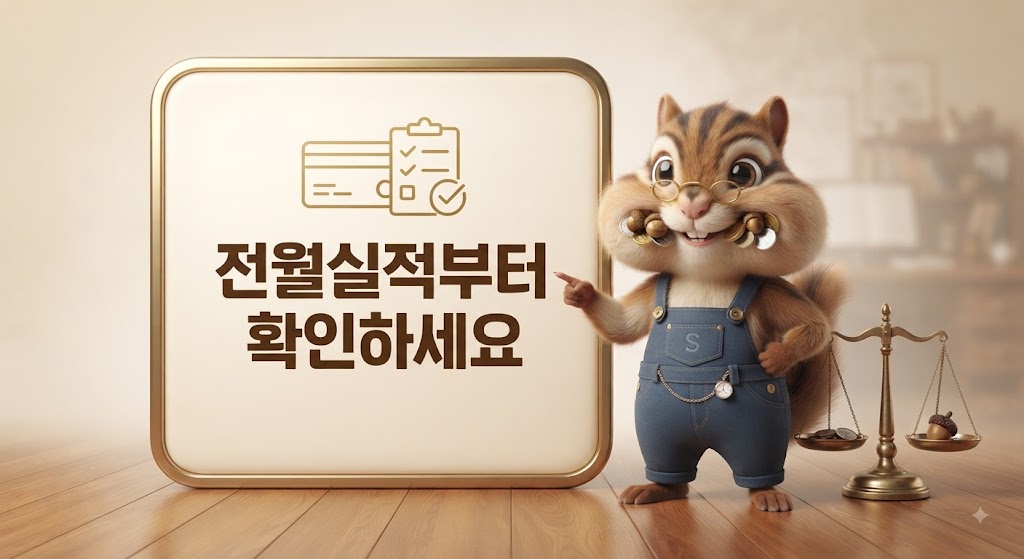 다람쥐 캐릭터가 카드와 체크리스트 아이콘이 담긴 정보 패널을 저울과 함께 가리키는 숫자로 보는 오늘 본문 이미지