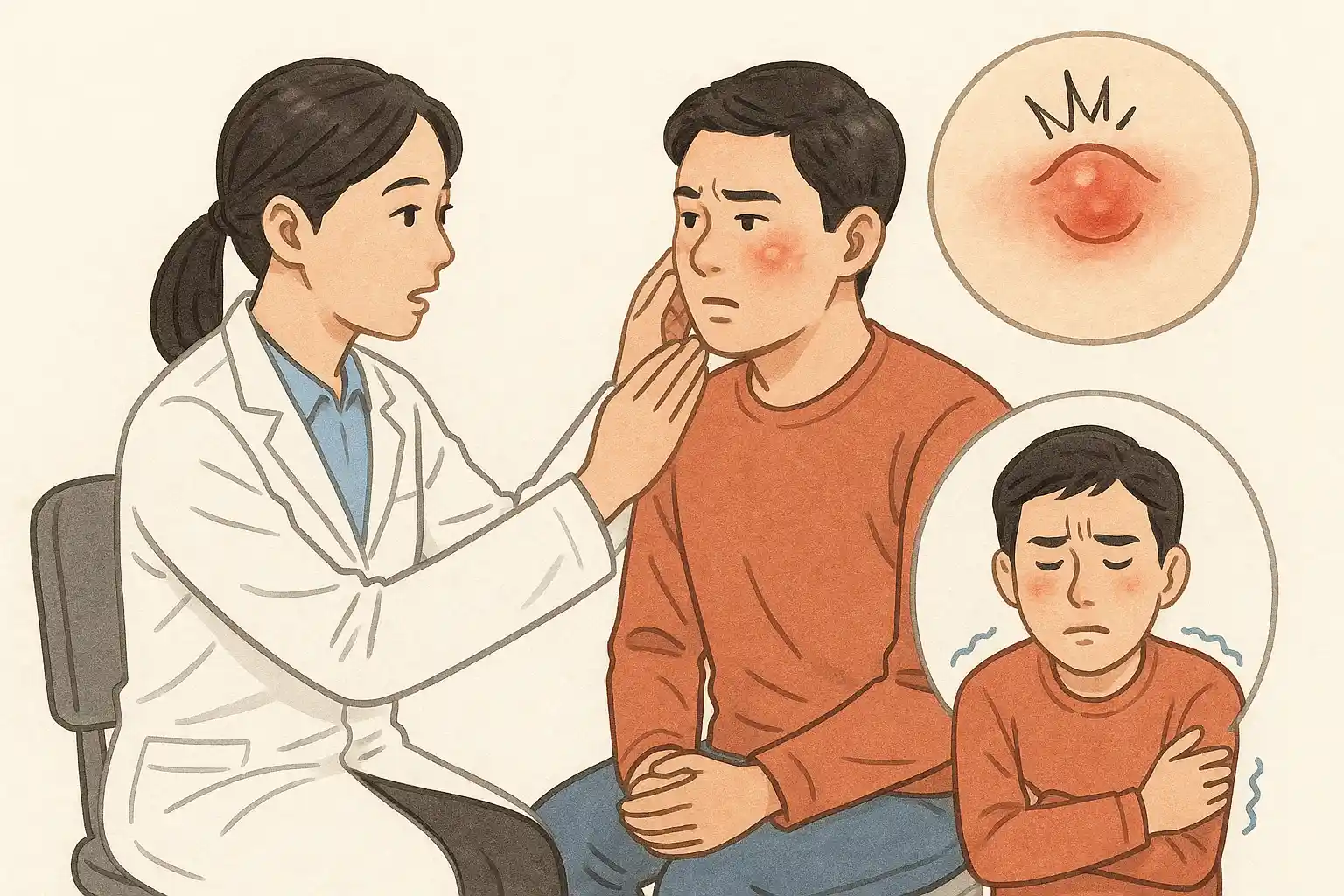 피부과 진료를 받는 환자와 의사, 얼굴 종기의 위험성과 발열·오한 증상을 설명