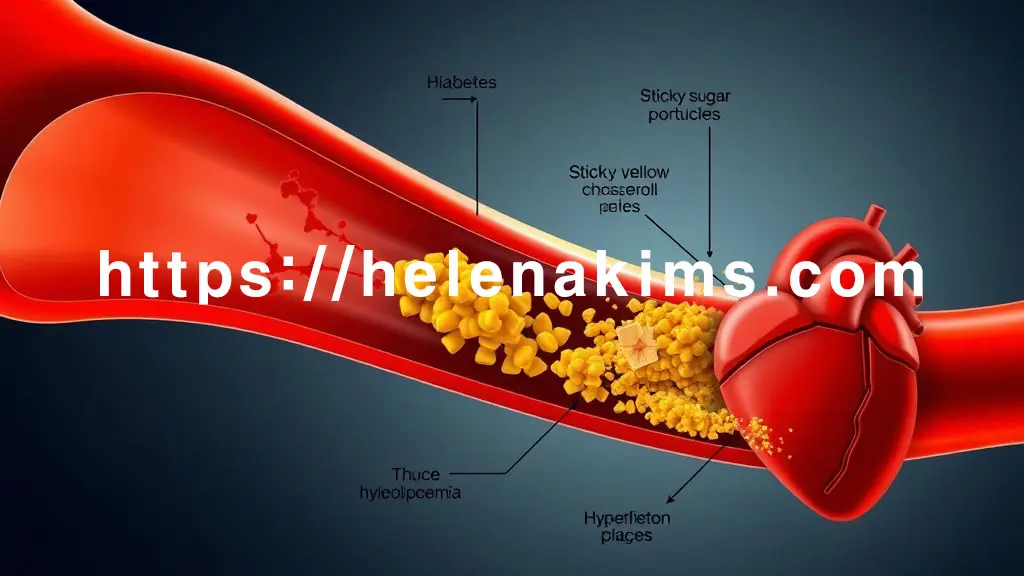 깨끗하고 밝은 혈관 내부가 점차 어둡고 지저분하게 변하는 혈관 단면을 길게 비스듬히 표현. 혈관 시작 부분은 건강하고 매끄럽지만, 후반부로 갈수록 고혈압의 압력을 상징하는 붉은색 파열 흔적, 당뇨로 인한 끈적한 설탕 입자들이 혈관 벽에 들러붙은 모습.