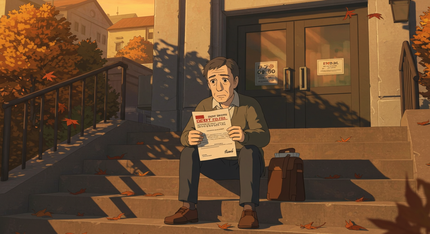 은행 앞에서 빚 통지서를 들고 앉아 있는 중년 남성의 지브리풍 장면