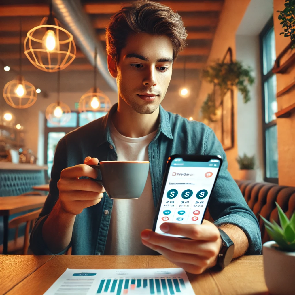 모바일로 재테크하는 모습을 담은 이미지