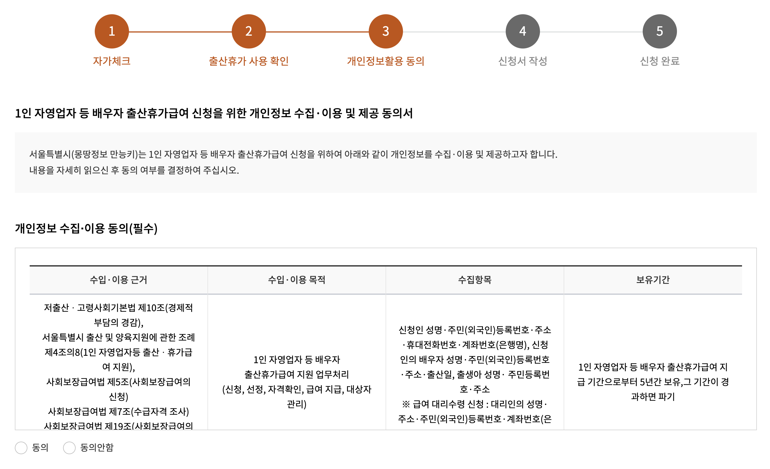 서울시 자영업자 프리랜서 배우자 출산휴가급여신청 개인정보 동의 체크