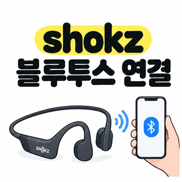 shokz 블루투스 연결 제목 아래 밴드형 이어폰과 블루투스 화면의 휴대전화가 나란히 놓인 모습