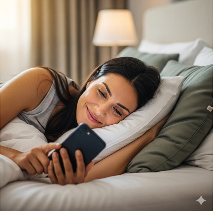 편안한 자세로 침대에 누워 스마트폰을 보며 여유로운 시간을 보내는 여성의 모습. 얼굴에는 편안하고 만족스러운 미소가 가득하다