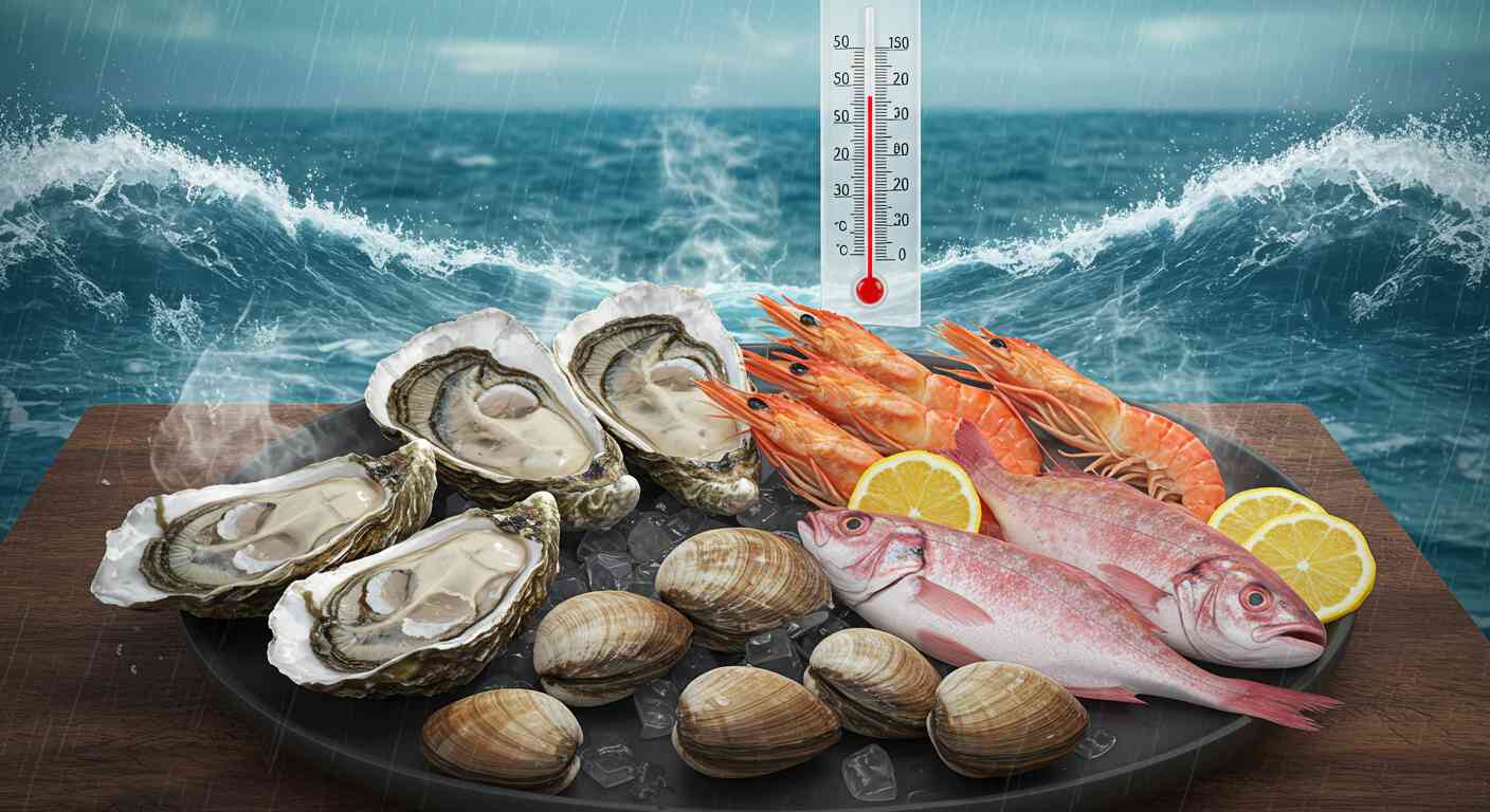 A hyper-realistic, high-resolution digital illustration showing a summer seafood table setting under rainy weather. Include fresh oysters, clams, and fish arranged on a dish, with visible steam rising to indicate they are cooked. The background subtly features ocean waves and a thermometer indicating high sea temperatures. The scene conveys both the freshness and the danger of raw seafood in summer, with a slightly medical and informative tone. No text, no logos.