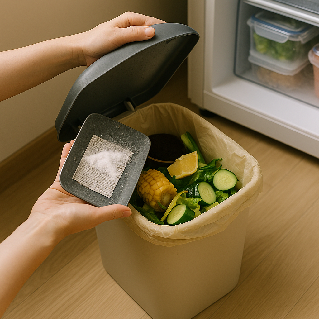 음식물 쓰레기통에 신문지와 베이킹소다를 활용하는 장면