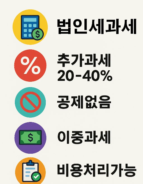 법인이 부동산 매각 시 추가 과세율 20~40%, 공제 혜택 없음, 이중과세 부담, 비용 처리 가능 여부를 설명한 인포그래픽