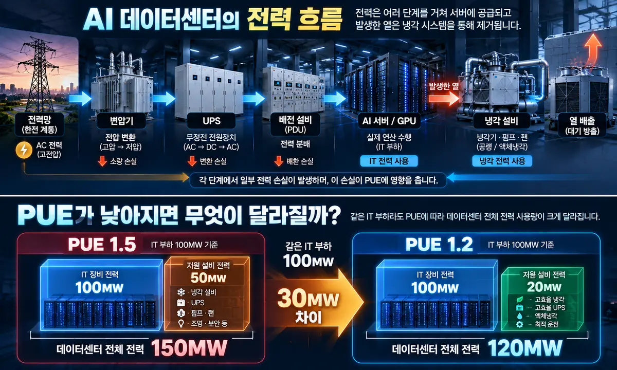 IT 부하 100MW 기준 PUE 1.5와 PUE 1.2의 전체 전력 비교