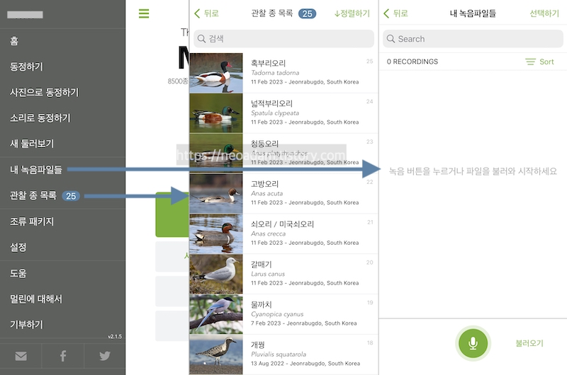 사이드바에서 녹음한 새소리 목록과 관찰한 종의 목록을 볼 수 있다.