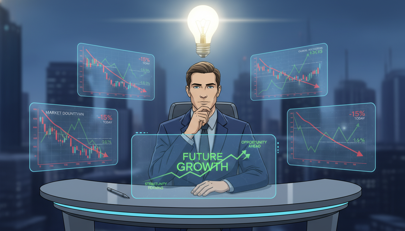 하락장에서도 흔들리지 않고 침착하게 투자 전략을 세우는 현명한 투자자의 모습