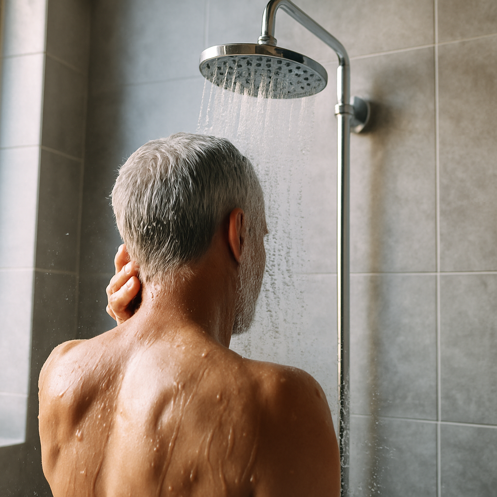 찬물 샤워를 하고 있는 짧은 머리의 남성, 욕실 타일 배경과 함께 상반신을 헹구는 장면