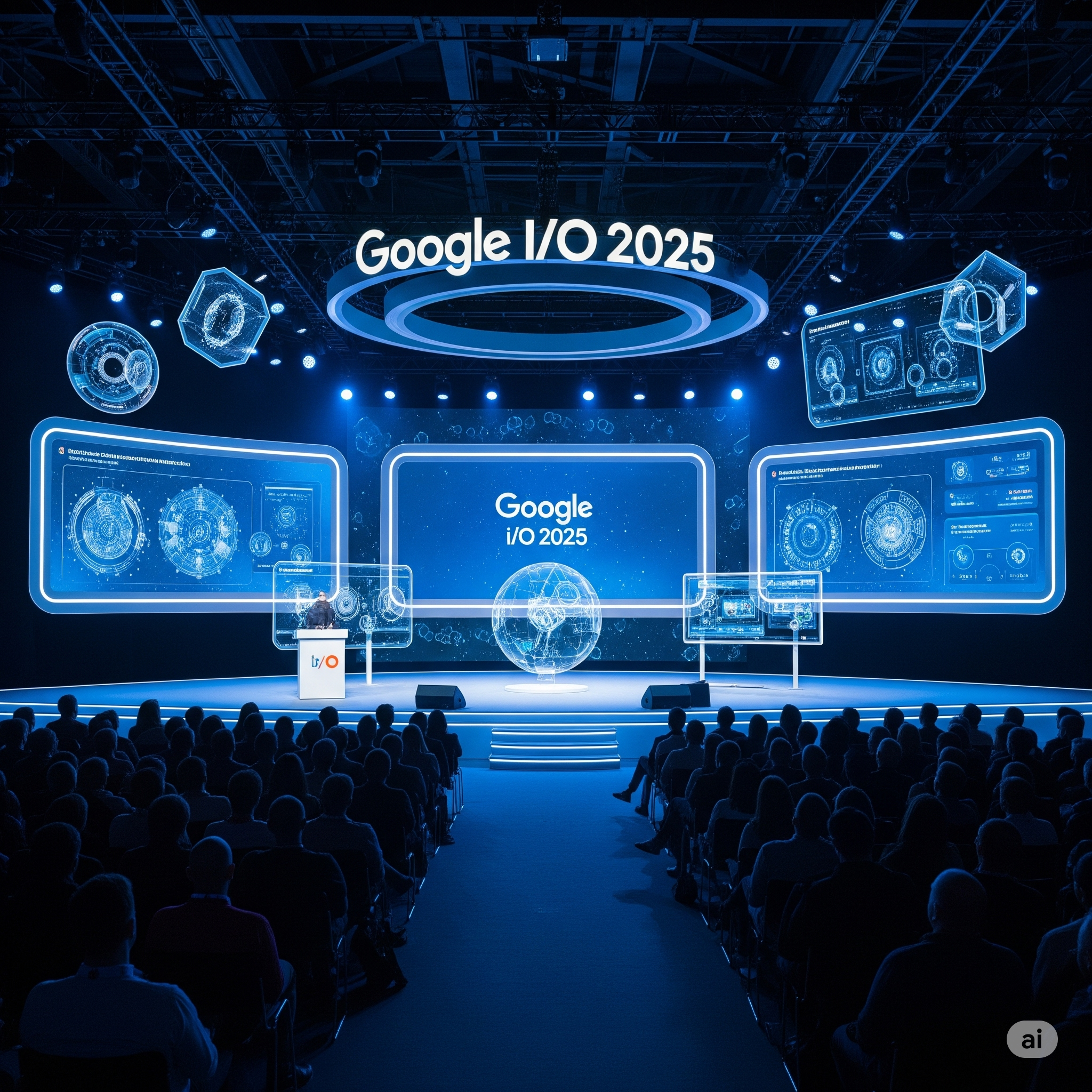 Google I/O 2025 컨퍼런스 무대에서 AI 기술을 시연하는 모습, 미래적인 홀로그래픽 인터페이스와 청중들이 보이는 기술 발표 현장