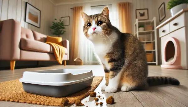 바닥에 배변 실수를 한 후 당황한 표정으로 바라보는 고양이