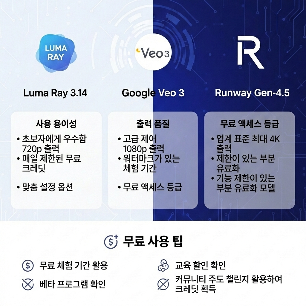 AI 영상 생성기 3대장 비교! 루마 Ray 3.14, 구글 Veo 3, 런웨이 Gen-4.5의 차이점과 무료 사용법까지 한눈에 정리된 꿀정보를 확인해보세요.