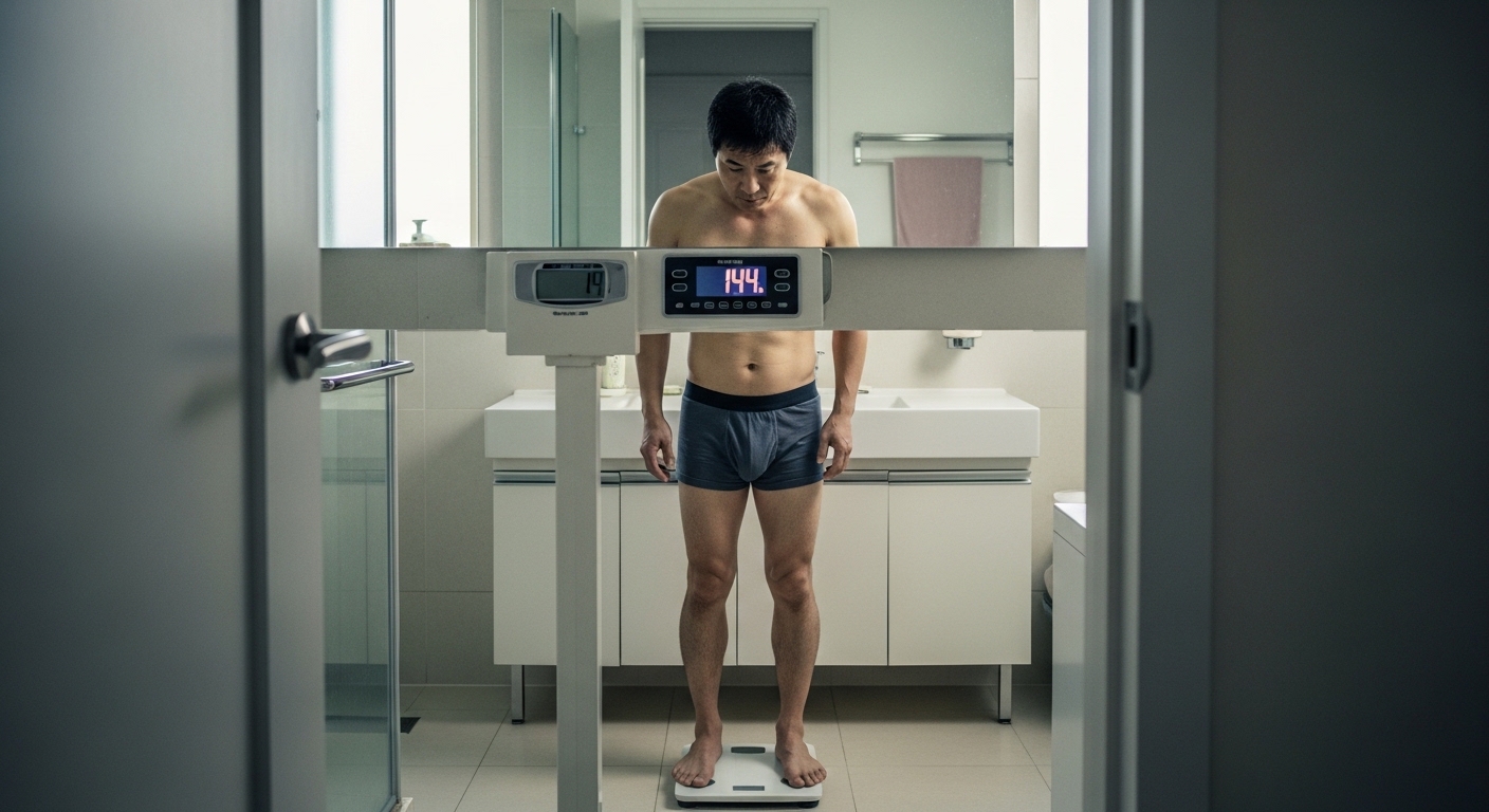 세면대-거울-앞에서-체중계-위에-올라선-한국인-40대-남성,-체중-변화를-확인하며-진지한-표정을-짓는-모습