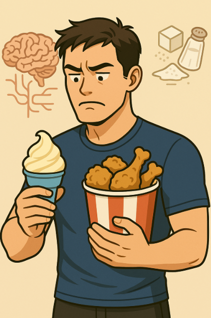 치킨과 아이스크림 사이에서 고민하는 남성과 배경의 뇌와 당분 일러스트