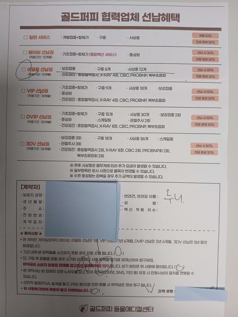 고양이 예방 접종 및 중성화 수술 연간 병원 비용 계약서