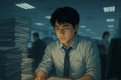 드라마 미생의 주인공 장그래가 서늘한 분위기의 사무실에서 절박한 눈빛으로 산더미 같은 서류 앞에 앉아있는 모습