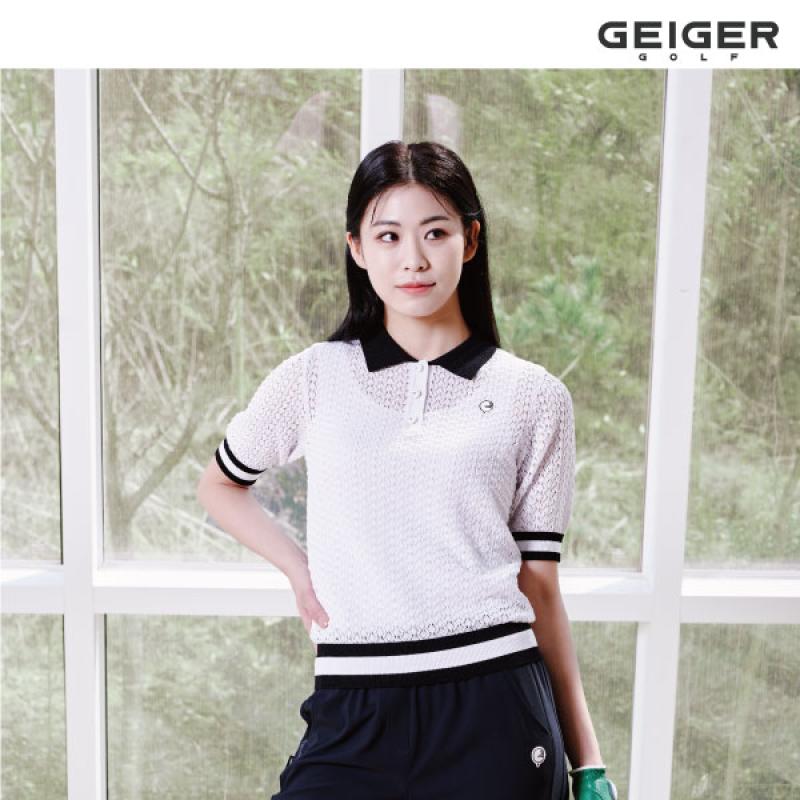 가이거골프 23 Summer 스카시 조직 스트라이프 배색 반팔 니트 이너탑