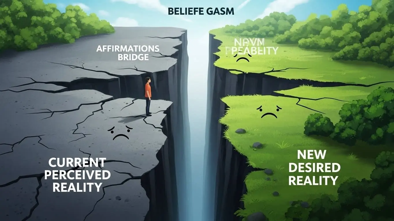 사람이 균열이 있는 '현재 현실'에 서서 건너편 '원하는 현실' 사이의 깊은 심리적 간극(믿음의 격차)을 바라보는 모습.