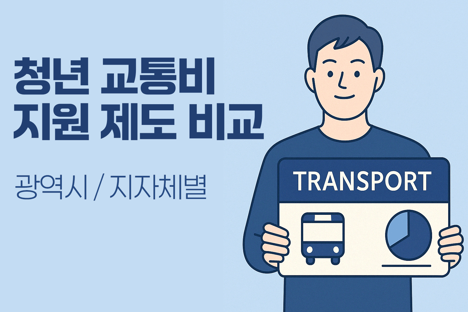 청년 교통비 지원 제도 비교 (광역시/지자체별) - 연한 파란 배경 위에 왼쪽은 굵은 안내 텍스트, 오른쪽은 교통카드를 들고 있는 청년 일러스트와 버스 아이콘이 포함된 정보 이미지