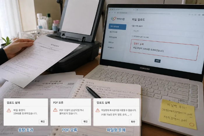 노트북 화면에 아이사랑 파일 업로드 실패 및 용량 초과 안내가 떠 있고, 테이블 위에는 재직증명서, 건강보험 자격득실 확인서와 함께 용량 초과, PDF 오류, 파일명 문제 등 세 가지 에러 팝업 예시와 파일명 주의 메모가 놓여 있는 모습