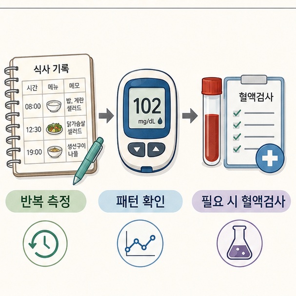 식사와 혈당을 기록하고 반복되는 패턴을 확인한 뒤 필요한 경우 혈액검사를 받는 과정을 보여주는 그림